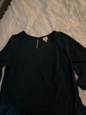 A New Day Woven Textured Scoop Neck peplum Blouse - Dark Green and black checks